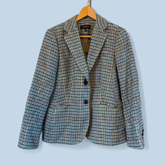 Women Talbots Blue/Multicolor Houndstooth Wool Blend Blazer-Size 10 *Runs Small‎ - Picture 1 of 10